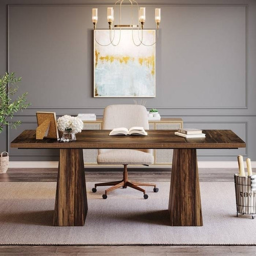 Modern Home Office Computer Desk Workstation in Dark Brown Wood Finish