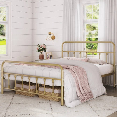 Full size Vintage Antique Gold Metal Platform Bed Frame with Headboard Footboard