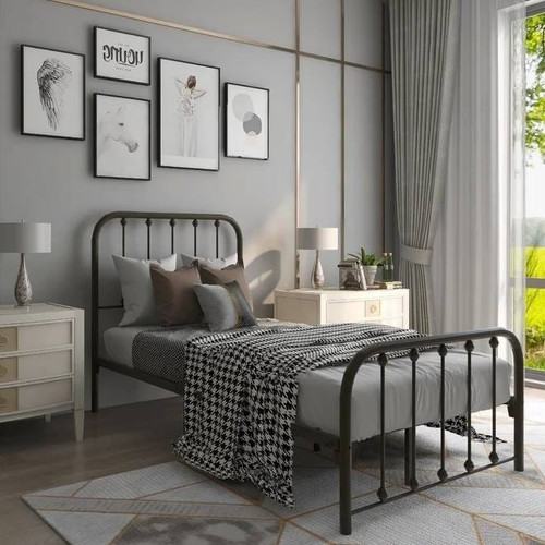 Twin Black Metal Bed Frame with Slatted Rounded Corners Headboard and Footboard