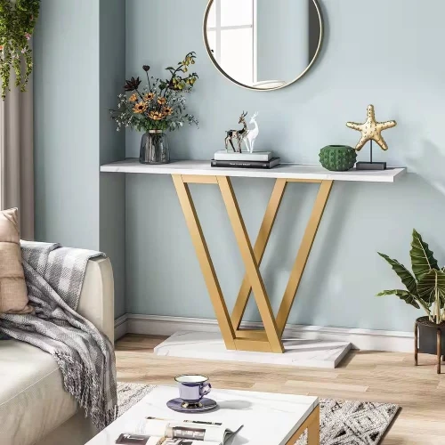 Modern Industrial Console Table with Faux White Marble Top and Gold Frame