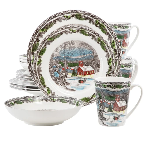 Elama Holly Holiday Christmas 16 Piece Porcelain Dinnerware Set