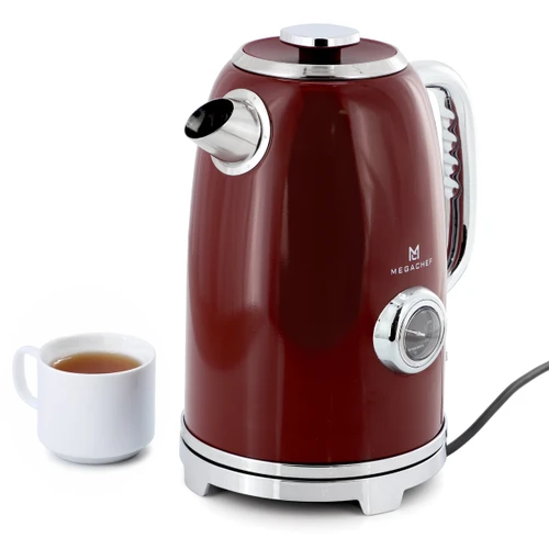MegaChef 1.9 Quart Stainless Steel Electric Tea Kettle with Thermometer in Burgundy