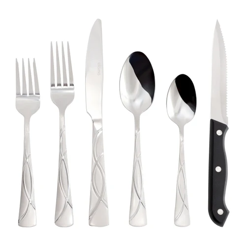 Elama Nour 48 Piece Mirror Polished + Sand Blasted Stainless Steel Flatware Set with Steak Knives