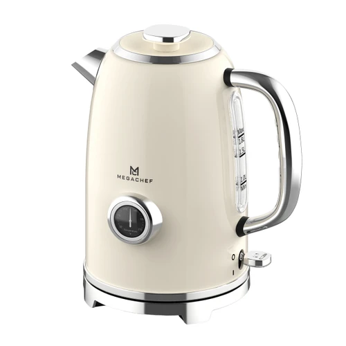MegaChef 1.9 Quart Stainless Steel Electric Tea Kettle with Thermometer in Cream