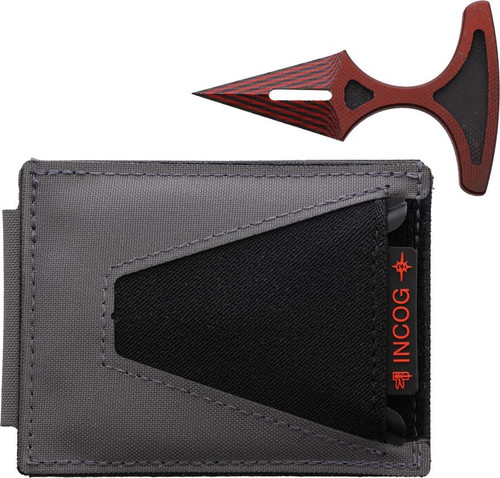 Incog grey wallet with Toor Snake Doctor G10 tactical blade in elastic back pocket