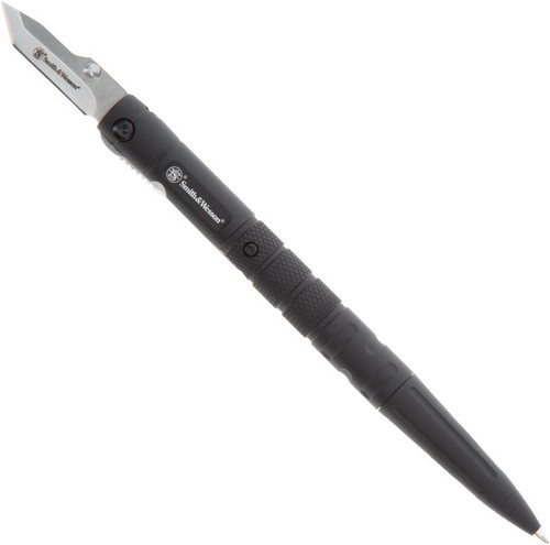 Smith & Wesson tactical pen knife open angle. 1.6" satin stainless steel blade revealed. Ball-point pen tip visible. Lightweight 1.7oz design for everyday carry.