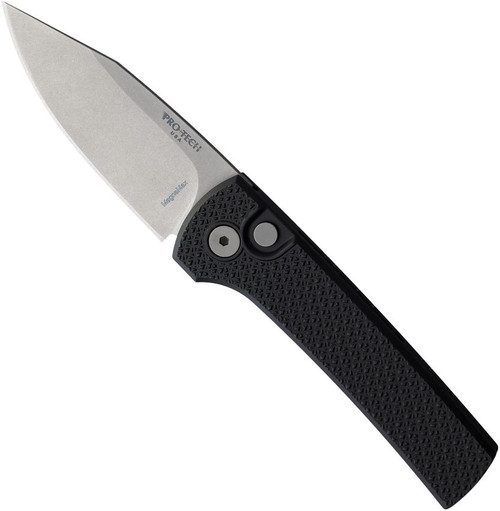 Full deployment shot of the ProTech RCS1105 Scapegoat Compact-Auto displaying the clip point CPM-MagnaMax blade in extended position. The stonewash finish is visible with "PRO-TECH," model number "1105-RCS," and "MagnaMax" steel designation clearly marked on the blade surface. The carbide-textured black aluminum handle showcases its aggressive grip pattern, with the automatic push-button mechanism and pivot hardware featuring matching blasted finishes. White studio background highlights the knife's sleek tactical aesthetic and automatic action design.