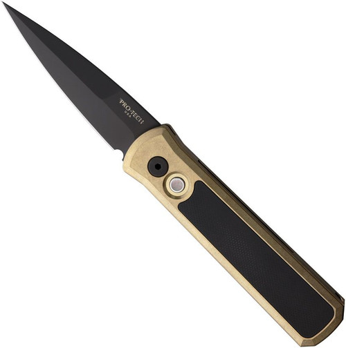 Pro-Tech Godson automatic knife bronze handle with black blade deployed, Pro-Tech USA marking, auto button - USA-made EDC pocket knife