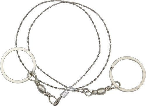 Stainless steel wire ring saw with dual metal finger ring handles and twisted cable construction displayed on white background for emergency survival cutting tool.