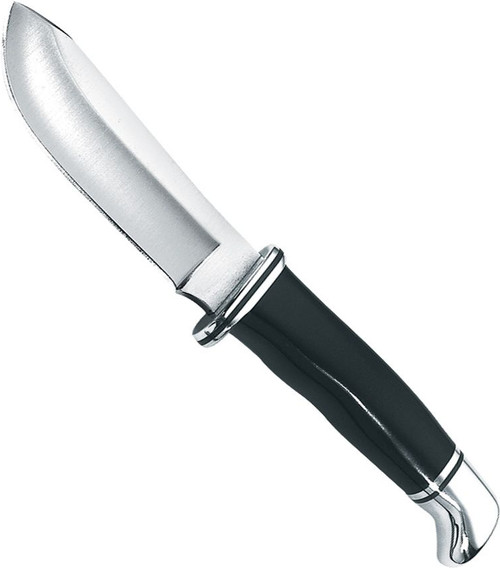 Buck fixed blade skinner knife close-up showing 4-inch stainless steel blade with curved belly, black composite handle, and nickel silver bolster accents.
