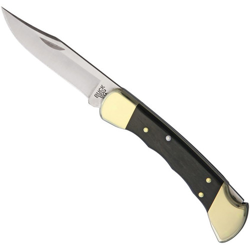 Open Buck 110 Folding Hunter knife displaying 3¾-inch clip-point blade with satin finish, genuine ebony handle scales and polished brass bolsters on white background.