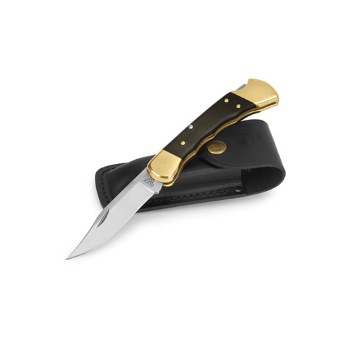 Complete Buck 110 Folding Hunter hunting knife set with open blade resting beside black leather belt sheath showcasing classic brass bolster and ebony wood handle construction.