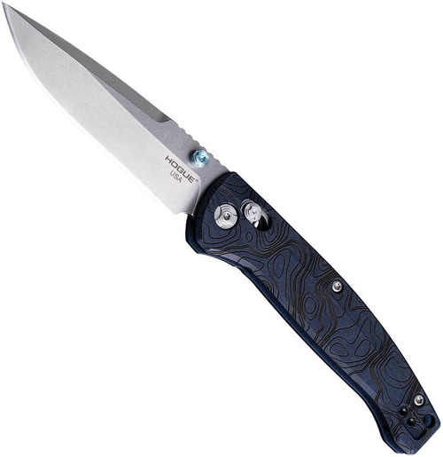 (Open Knife - Angled) Hogue Mysto open folding knife angled view | Drop-point CPM MagnaCut steel blade with tumbled finish & Blue Canyon Richlite handle | Dual thumb studs visible on deployment