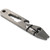 Close-up view of titanium gray Keychain MultiTool showing detailed texture finish, round mounting hole at top, star brand engraving, stepped wrench openings, bottle opener curve, stainless steel screwdriver bit retained by two black rubber bands, and pointed pry bar end