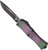 Microtech Hera II Mini OTF automatic knife with black stonewashed recurve Bohler M390MK blade and purple anodized aluminum handle, side view