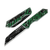 Glowing Green and black carbon fiber Heretic Knives Jinn Automatic showing open and closed knife comparison with Wharncliffe blade, automatic push-button system, and premium handle materials.