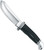 Buck fixed blade skinner knife close-up showing 4-inch stainless steel blade with curved belly, black composite handle, and nickel silver bolster accents.