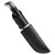 Buck hunting knife in black leather sheath with belt loop attachment and embossed Buck logo branding on protective cover.