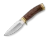 Side angle view of Buck Vanguard fixed blade knife featuring Heritage Walnut Dymondwood handle scales, brass guard and pommel trim, and satin-finished drop-point blade against white background.