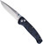(Open Knife - Angled) Hogue Mysto open folding knife angled view | Drop-point CPM MagnaCut steel blade with tumbled finish & Blue Canyon Richlite handle | Dual thumb studs visible on deployment