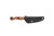 (Full Knife - Opposite Horizontal) TOPS El Pionero horizontal view blade-left | Etched "EL PIONERO" branding on 1095 carbon steel blade with tan Micarta handle | USA-made Ed Calderon tactical paring knife