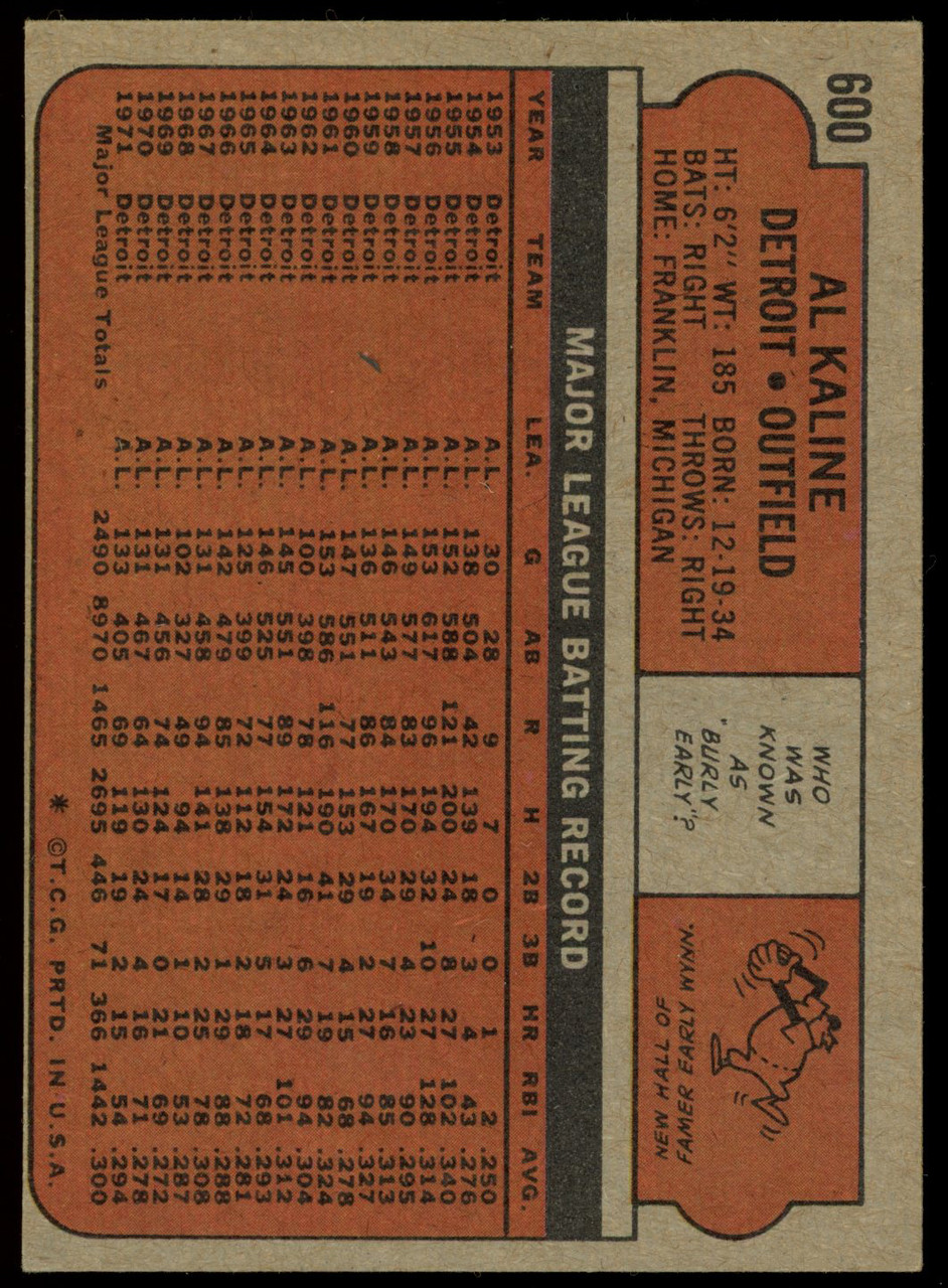Al Kaline 1972 Topps #600 Detroit Tigers