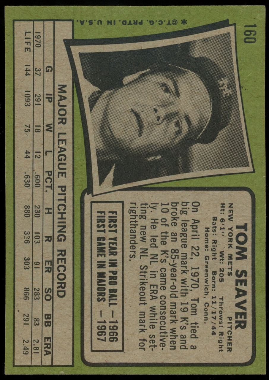 1970 Topps Tom Seaver Baseball Card #300 ~ Vg/ex