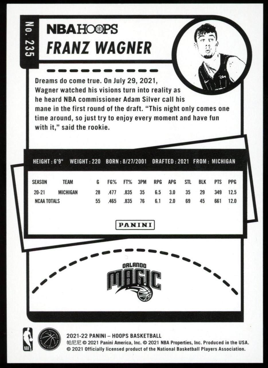 202122 Hoops Franz Wagner NBA 75th Anniversary Green RC /75 235