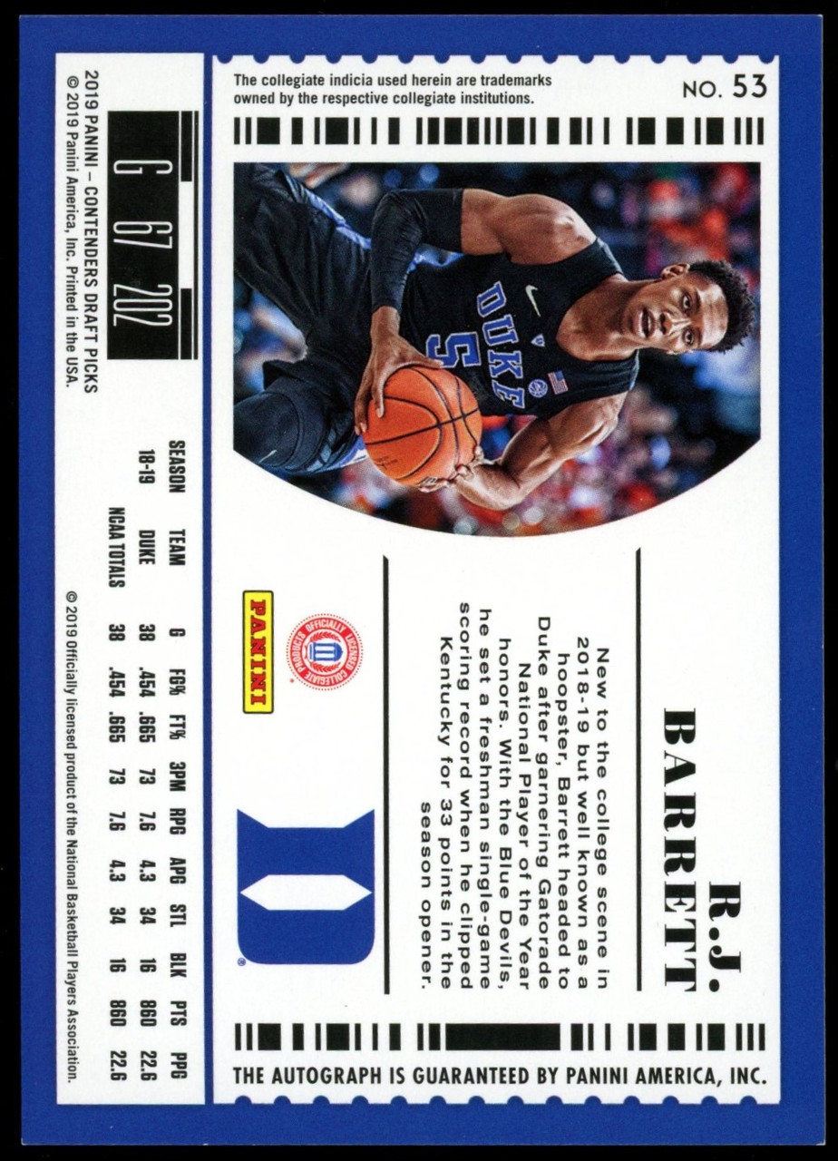 2019/20 Contenders Draft RJ Barrett Draft Ticket RC Auto /5 #53