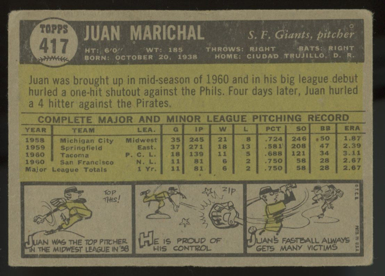 Sold at Auction: 1961 Topps Baseball, JUAN MARICHAL SP RC, Card #417, SAN  FRANCISCO GIANTS