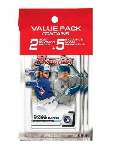 SOLD 9844 2020 BOWMAN BASEBALL RETAIL CELLO VALUE PACK ~ 2-12 Card Packs + 5 Exclusive Camo Parallels