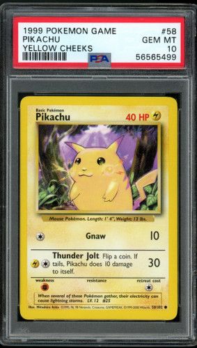 1999 Pokemon Pikachu Base Set Yellow Cheeks #58/102 PSA 10