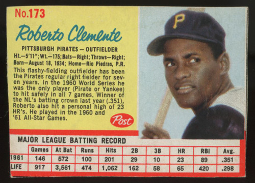 1962 Post Roberto Clemente #173 VG+ "B"