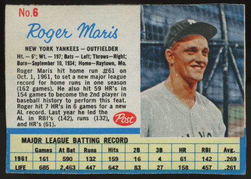 1962 Post Roger Maris #6 VG/EX "C"