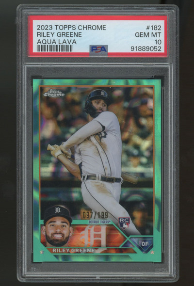 2023 Topps Chrome Riley Greene RC Aqua Lava /199 #182 PSA 10