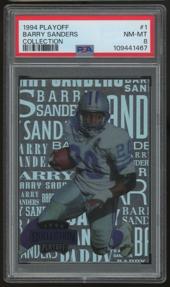 1994 Playoff Collection Football Barry Sanders Rare Blue Variation #1 PSA 8 1994 Playoff Collection Football Barry Sanders Rare Blue Variation #1 PSA 8
