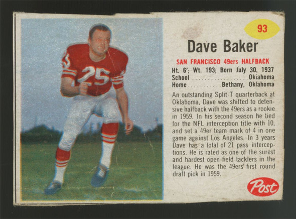 1962 Post Cereal Dave Baker SP Hand Cut #93 Low Grade