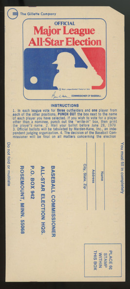 1970 MLB All-Star Mail-In Ballot Unpunched - First Time Ballots Were Used
