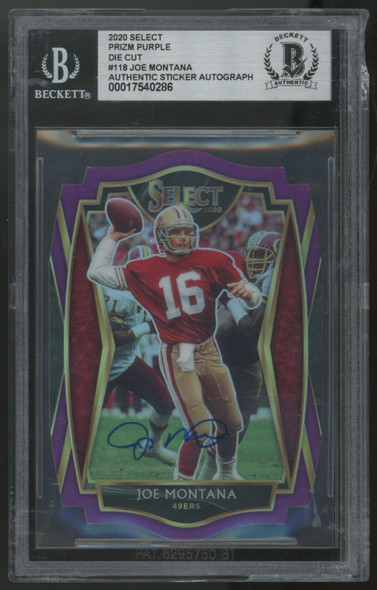 2020 Panini Select Joe Montana Purple Die Cut Sticker Auto BGS Authentic *Read*