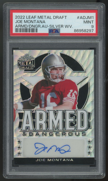2022 Leaf Metal Draft Joe Montana Armed & Dangerous Silver Wave Auto /30 PSA 9