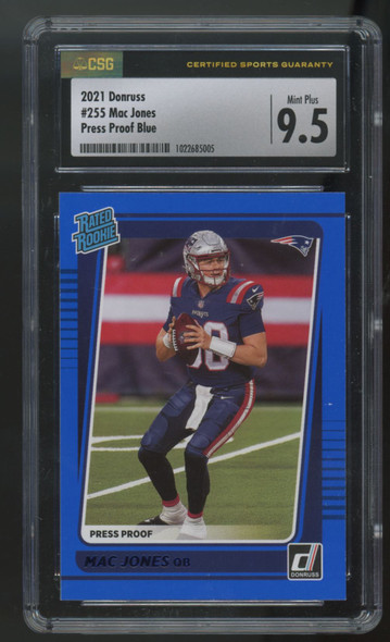 2021 Panini Donruss Mac Jones Rated Rookie Blue Press Proof #255 CSG 9.5