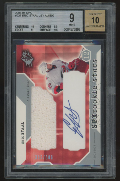 2003-04 Upper Deck SPx Eric Staal RC Patch Auto RPA /500 #227 BGS 9 10