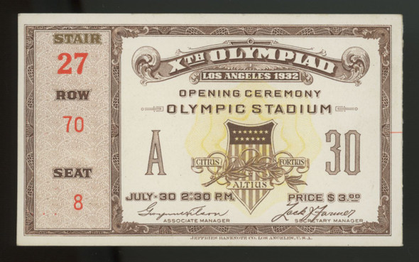 1932 Xth Olympiad Los Angeles Opening Ceremony Ticket