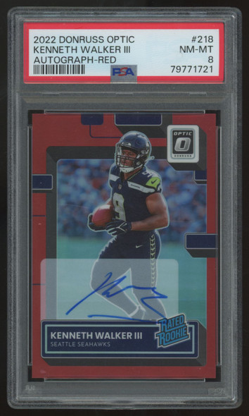 2022 Donruss Optic Kenneth Walker III RC Rated Rookie Red Auto /75 #218 PSA 8