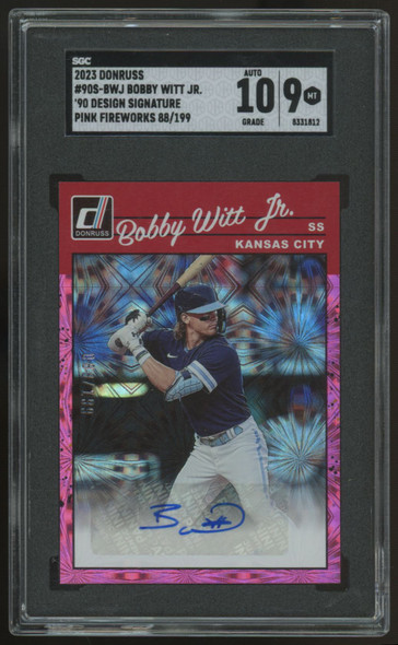 2023 Donruss Bobby Witt Jr '90 Design Auto Pink Fireworks /199 #90S-BWJ SGC 9 10