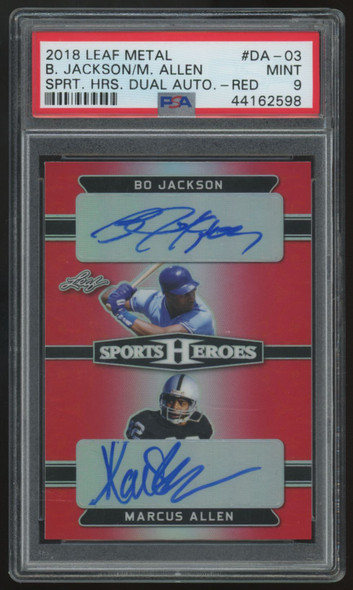 2018 Leaf Metal Bo Jackson/Marcus Allen Sports Heroes Red Dual Auto /2 PSA 9
