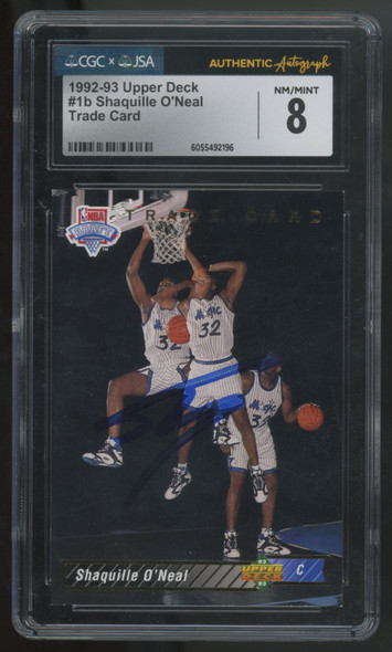 1992-93 Upper Deck Shaquille O'Neal Trade Card Signed Auto #1b CGC/JSA 8
