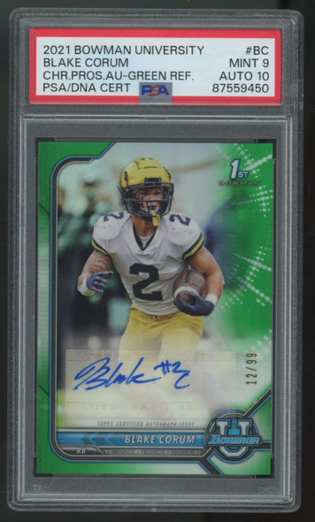 2021 Bowman U Blake Corum 1st Chrome Green Prospect Auto /99 #BCPA-BC PSA 9 10
