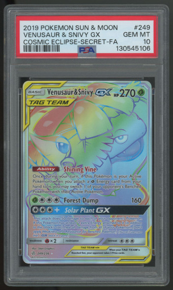 2019 Pokemon Venusaur & Snivy GX Cosmic Eclipse Full Art #249 PSA 10
