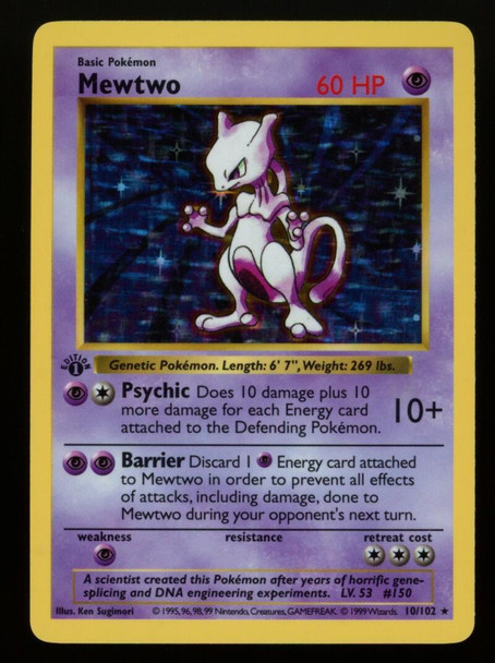 1999 Pokemon Shadowless Mewtwo Base Set 1st Edition Holofoil LP 10/102